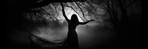 A woman in a black dress stands in front of a tree with her arms outstretched.