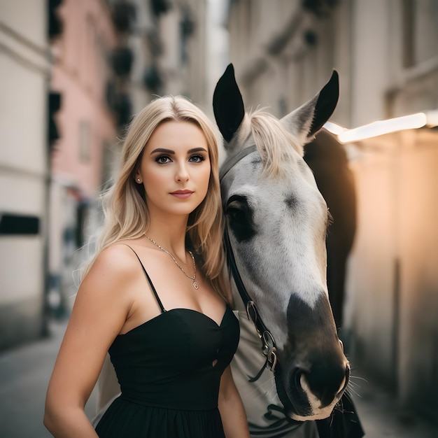 A woman in a black dress stands next to a horse.