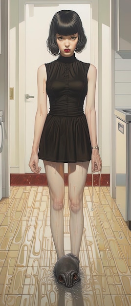 a woman in a black dress stands in a kitchen with a white refrigerator in the background