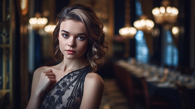 A woman in a black dress stands in a restaurant with a chandelier in the background.