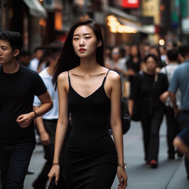 A woman in a black dress walks down a busy street with a red sign that says'i love you '