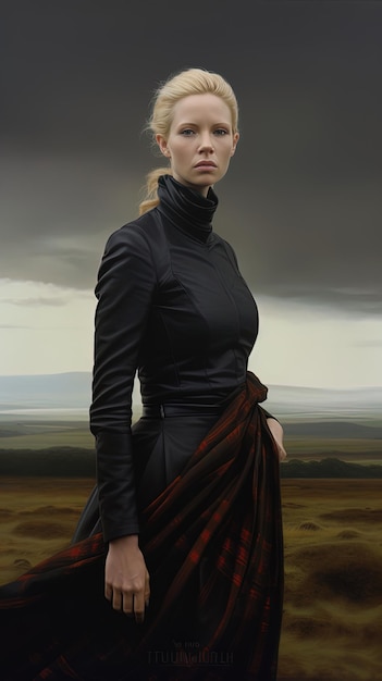 Foto una donna in un vestito nero con una sciarpa nera
