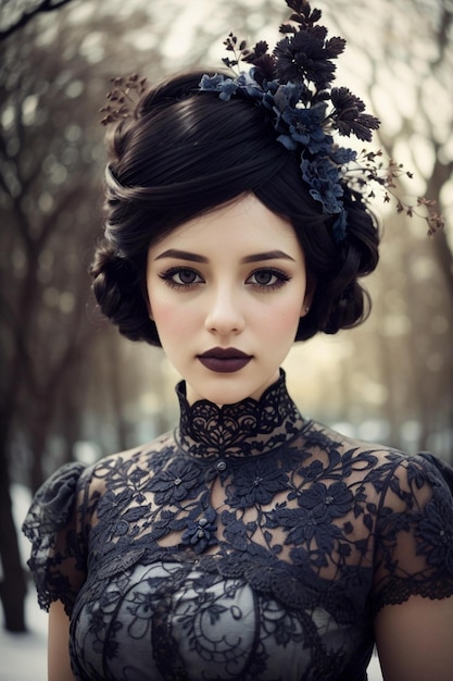 黒いドレスを着て花の冠をかぶった女性と花の冠の黒いドレスを着た女性