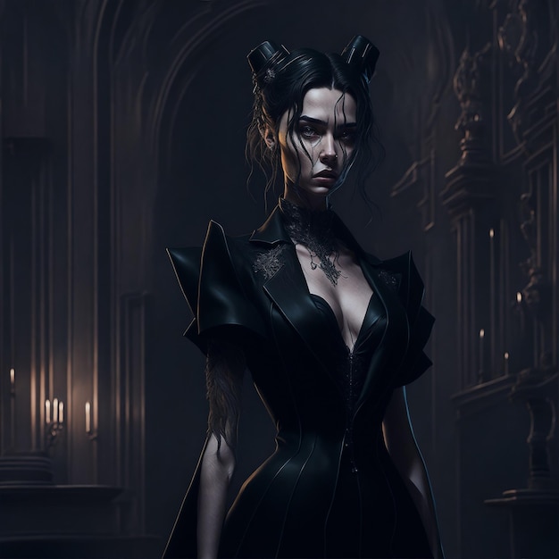 A woman in a black dress with horns and a necklace around her neck stands in a dark room