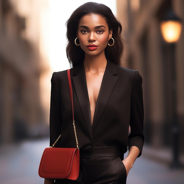 A woman in a black dress with a red bag and gold hoop earrings.