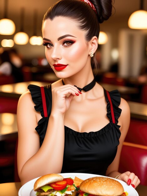 Photo a woman in a black dress with red lipstick and a red belt