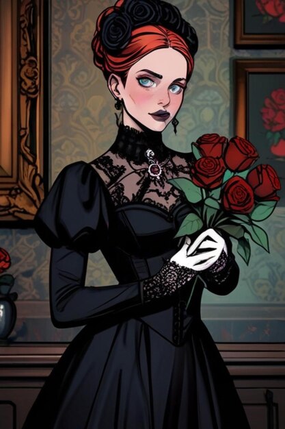 a woman in a black dress with a red rose in her hand