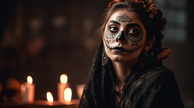 Woman in a black dress with sugar skull makeup