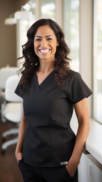 a woman in a black dress with a white shirt and black dress standing in front of a window