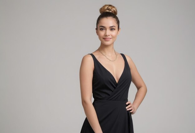 A woman in a black evening dress stands with hands on hips her confident stance and elegant attire