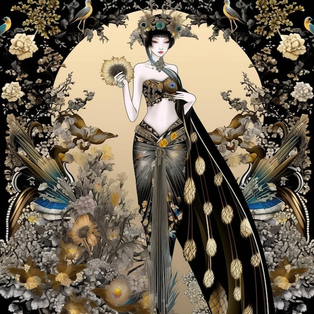 Foto una donna in un vestito nero e oro è in piedi in un dipinto floreale