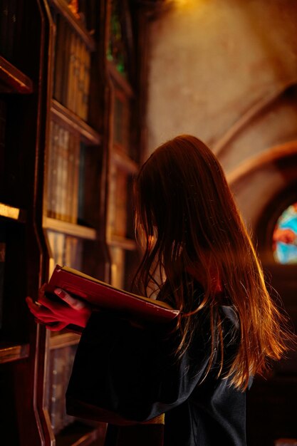 Foto una donna in abito nero con una foto di un libro