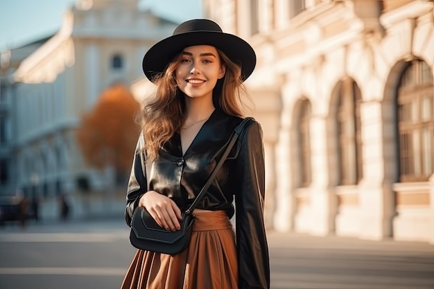 A woman in a black hat and a black hat stands on a city street.