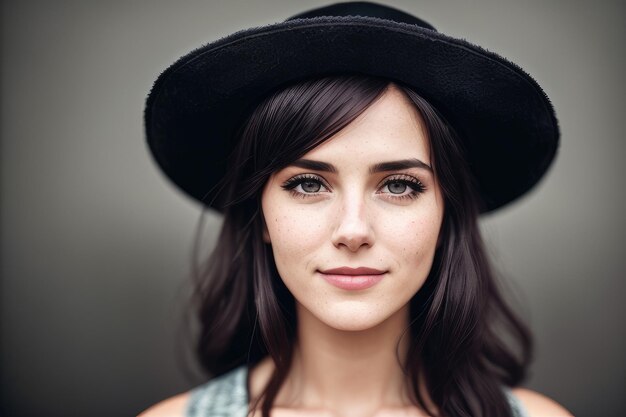 A woman in a black hat and a blue dress