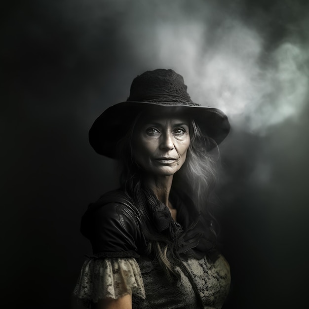 a woman in a black hat and dress with smoke coming out of her face.