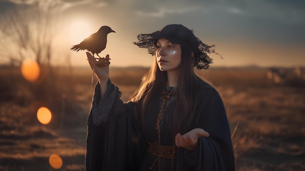 A woman in a black hat holds a bird on her hand.