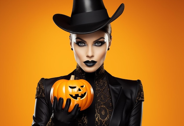 A woman in a black hat holds a pumpkin with a pumpkin on the front