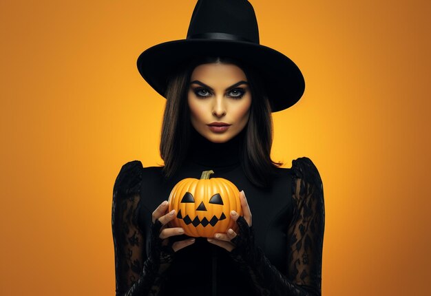 a woman in a black hat holds a pumpkin.