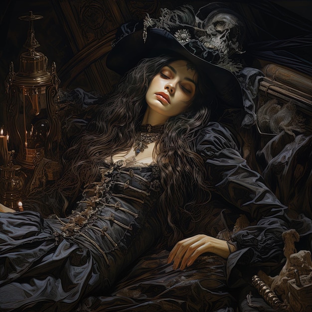 a woman in a black hat is laying in a dark room with a skull on the top