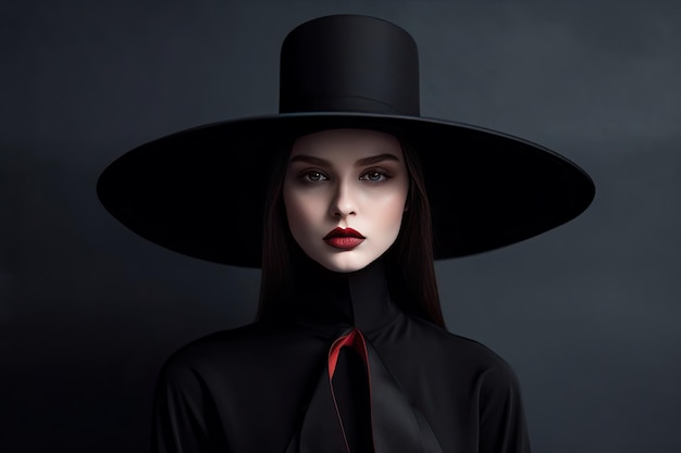 A woman in a black hat and a red tie