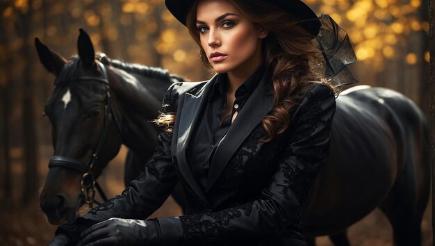 Photo a woman in a black hat sits on a horse in a park