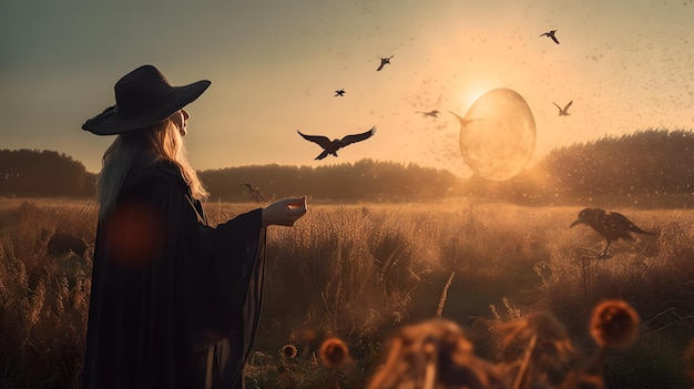 A woman in a black hat stands in a field with birds flying around her.