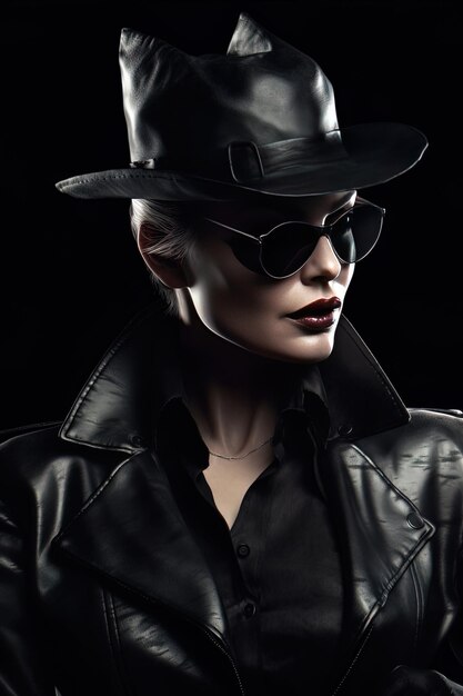 Photo a woman in a black hat and sunglasses is wearing a black hat and sunglasses