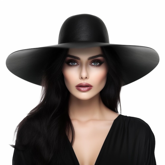 Foto una donna con un cappello nero con un lungo cappello nero in testa.