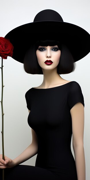 Photo a woman in a black hat with a red rose in the background