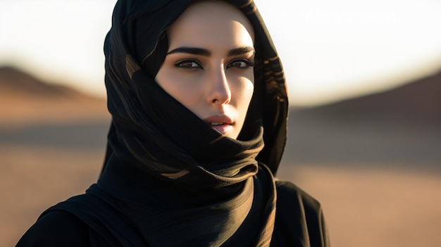 Foto una donna con un hijab nero e un hijab nero si trova nel deserto.