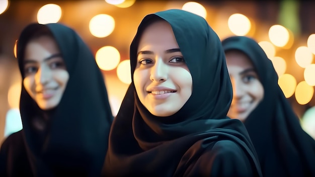 A woman in a black hijab stands in front of a blurred background of lights.