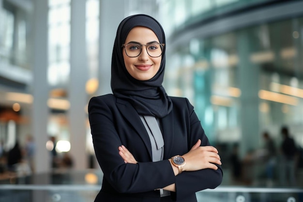 A woman in a black hijab with her arms crossed.