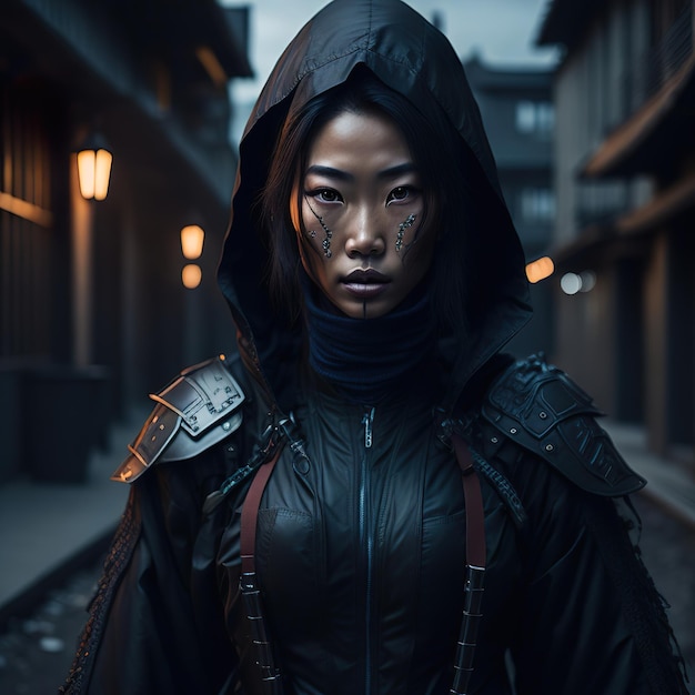 A woman in a black hood stands on a street in a dark city.