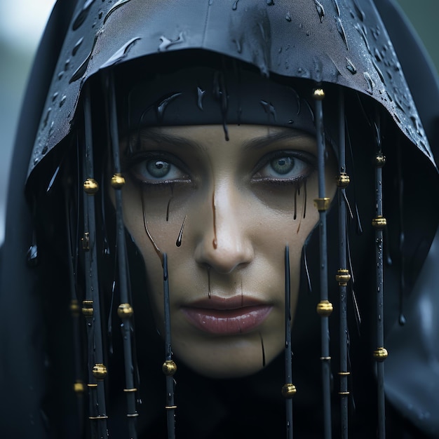 a woman in a black hood with beads on her face