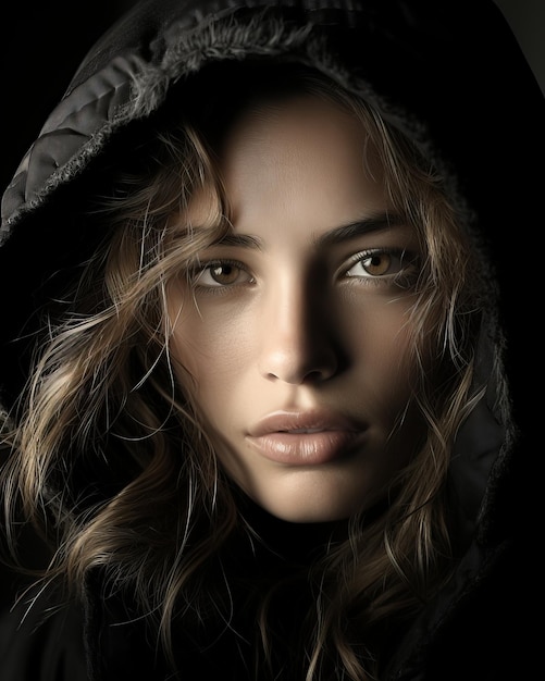 a woman in a black hooded jacket