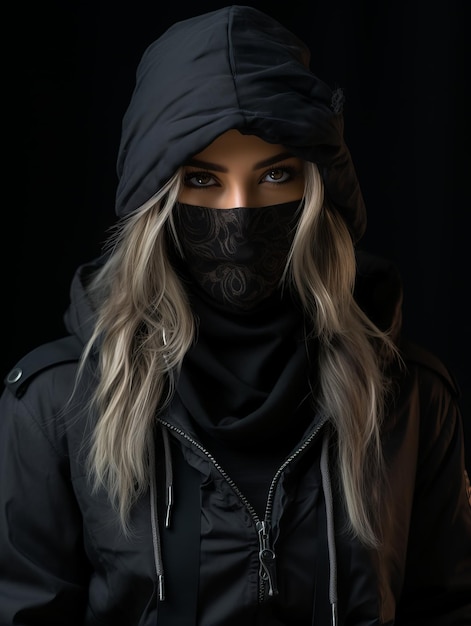 Premium Photo  A woman in a black hoodie and face mask