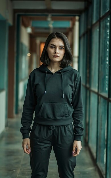 Photo a woman in a black hoodie and pants