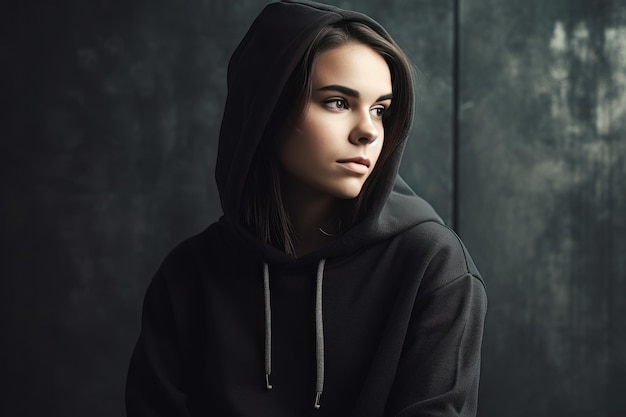 A woman in a black hoodie with the word love on the front