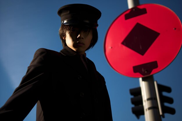 Photo a woman in a black jacket and hat standing next to a red sign