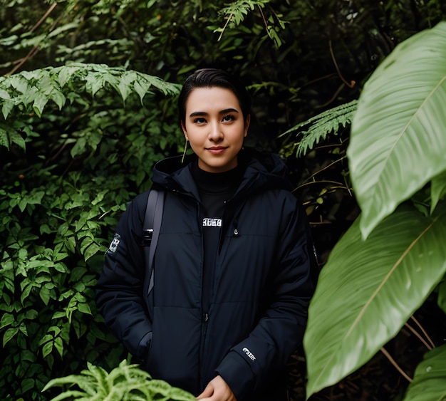 A woman in a black jacket is standing in the woods and is wearing a black backpack