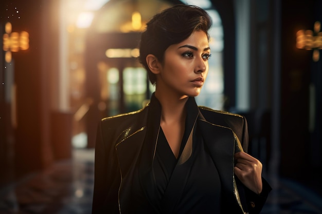 A woman in a black jacket stands in front of a building with the sun shining on her face.