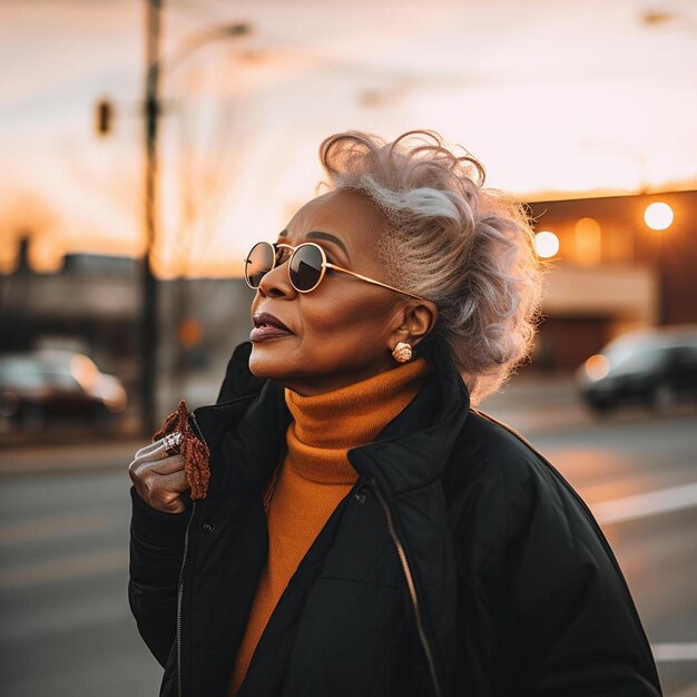 Photo a woman in a black jacket and sunglasses on a street