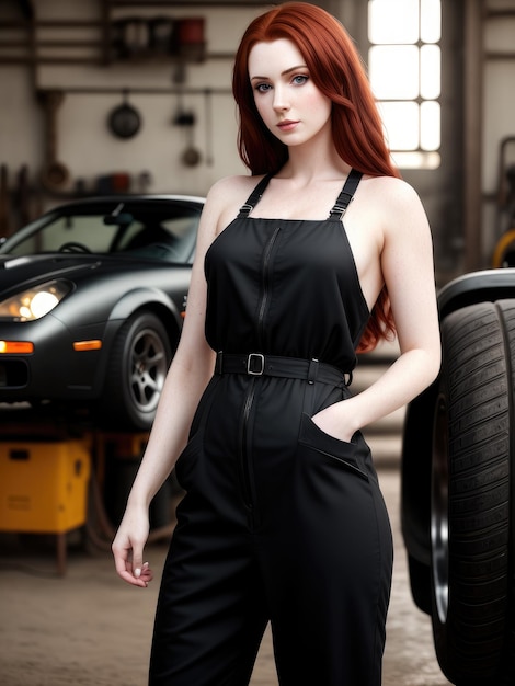 A woman in a black jumpsuit with the word auto service on the front