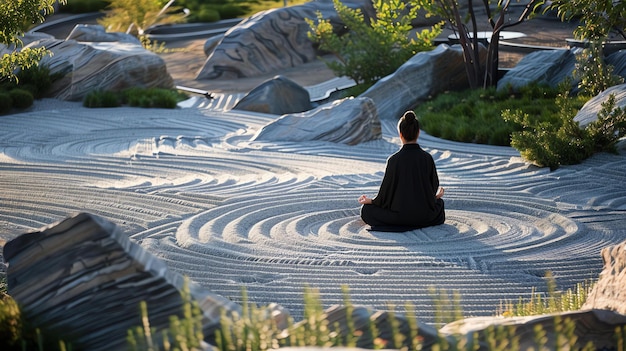 Photo a woman in black kimono is meditating in a zen garden she is sitting on a white sand and rocks with a large rock in the background