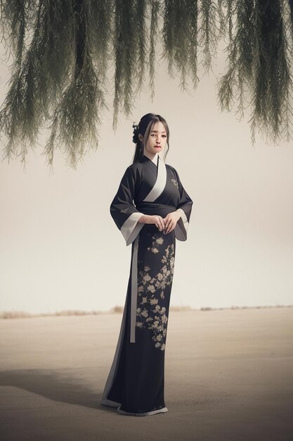 Photo a woman in a black kimono stands under a tree.