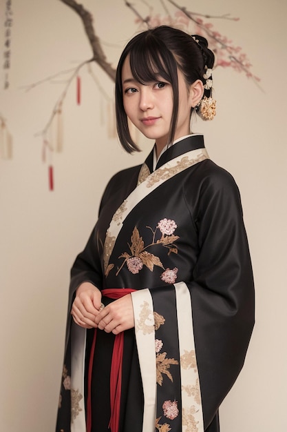 A woman in a black kimono with a flower pattern on the front.