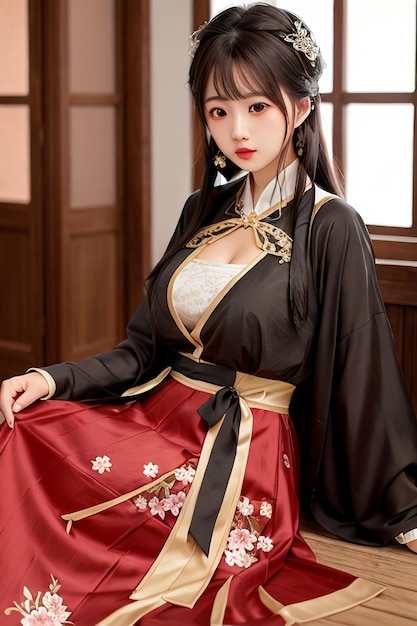 A woman in a black kimono with a red skirt and white flowers