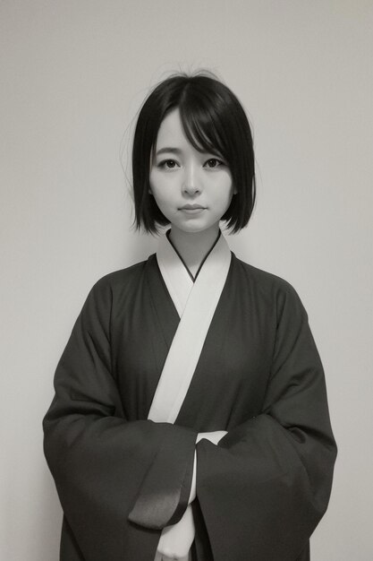 Photo a woman in a black kimono with the word 