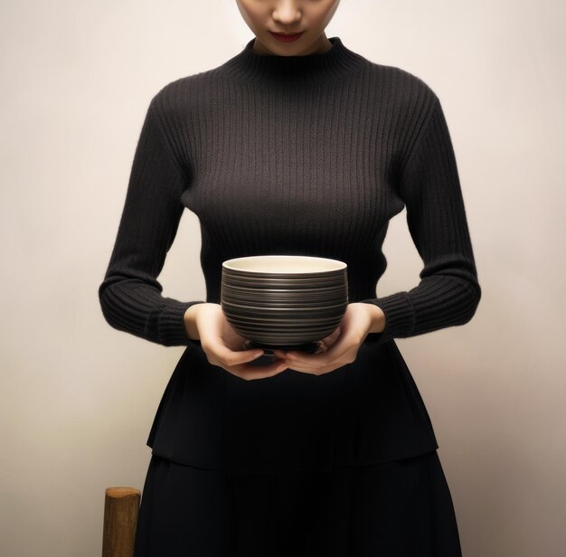 A woman in black knit top and a black waist