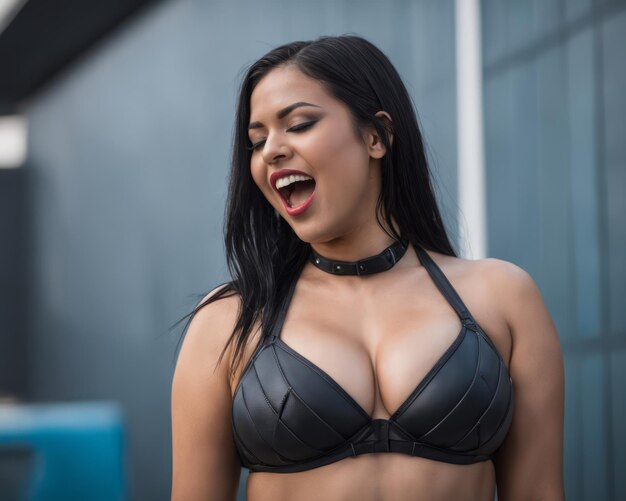 A woman in a black leather bra and panties